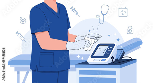 Nurse cleaning medical equipment in clinic, healthcare hygiene, doctor sterilizing tools