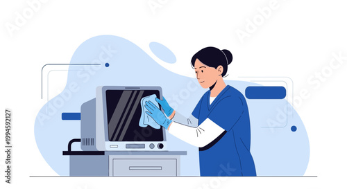 Nurse cleaning medical equipment monitor in hospital room, healthcare hygiene concept
