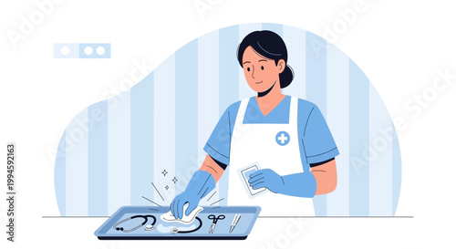 Nurse cleaning medical instruments on tray, healthcare hygiene and sterilization concept