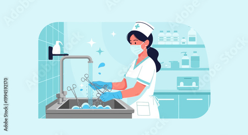 Nurse cleaning medical instruments in sink, healthcare hygiene, sterile equipment preparation