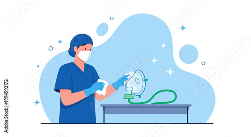 Nurse cleaning medical oxygen mask, healthcare hygiene, preventing infection, medical equipment care