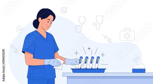 Nurse Cleaning Medical Thermometers for Hygiene and Infection Control