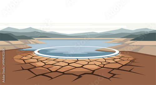 Drought-stricken land with a small, isolated water pool and distant lake