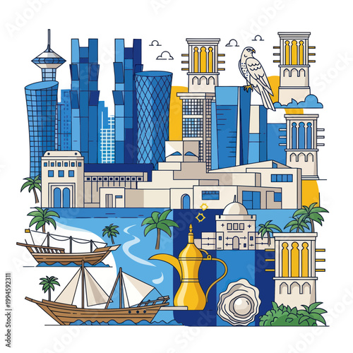 Doha Skyline and Traditional Dhows, Qatar - Modern Architecture, Falcon, Dallah