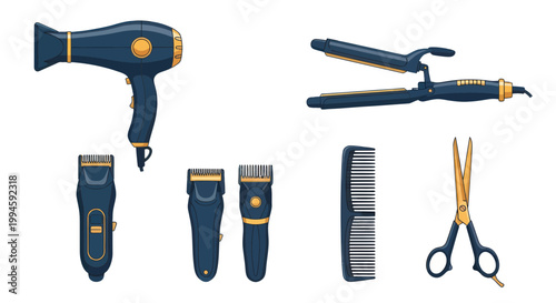 Hairdressing Tools Collection: Dryer, Clippers, Straightener, Comb, Scissors