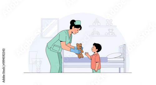 Nurse gives teddy bear to child in hospital bed, caring gesture, pediatric healthcare concept