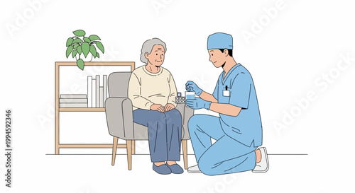 Nurse giving injection to elderly woman at home, healthcare and medical support concept
