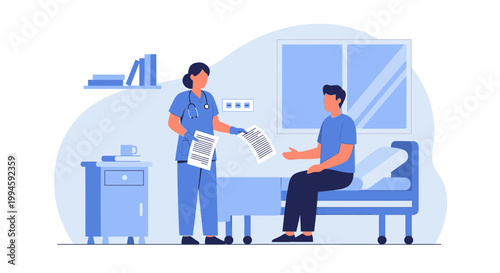 Nurse giving medical documents to patient in hospital room, healthcare concept