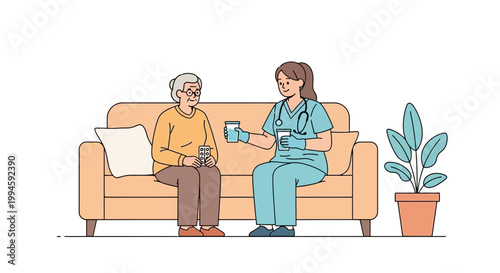 Nurse giving medication to elderly woman on sofa, home care, medical support