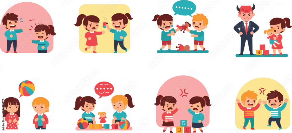 Fototapeta premium Children behavior and emotions illustration set featuring kids playing arguing sharing learning and parenting situations in colorful cartoon style collection