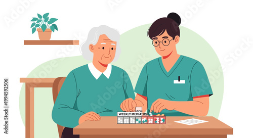 Nurse helping elderly woman with weekly medication organizer at home
