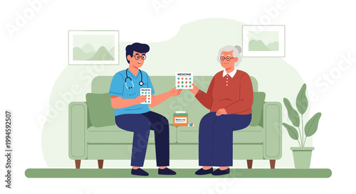 Nurse helping elderly woman with medication and calendar at home