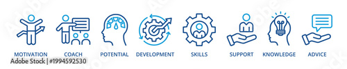 Coaching outline color banner icon with motivation, coach, potential, development, skills, support, knowledge, advice