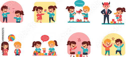 Photos Children behavior and emotions illustration set featuring kids playing arguing s