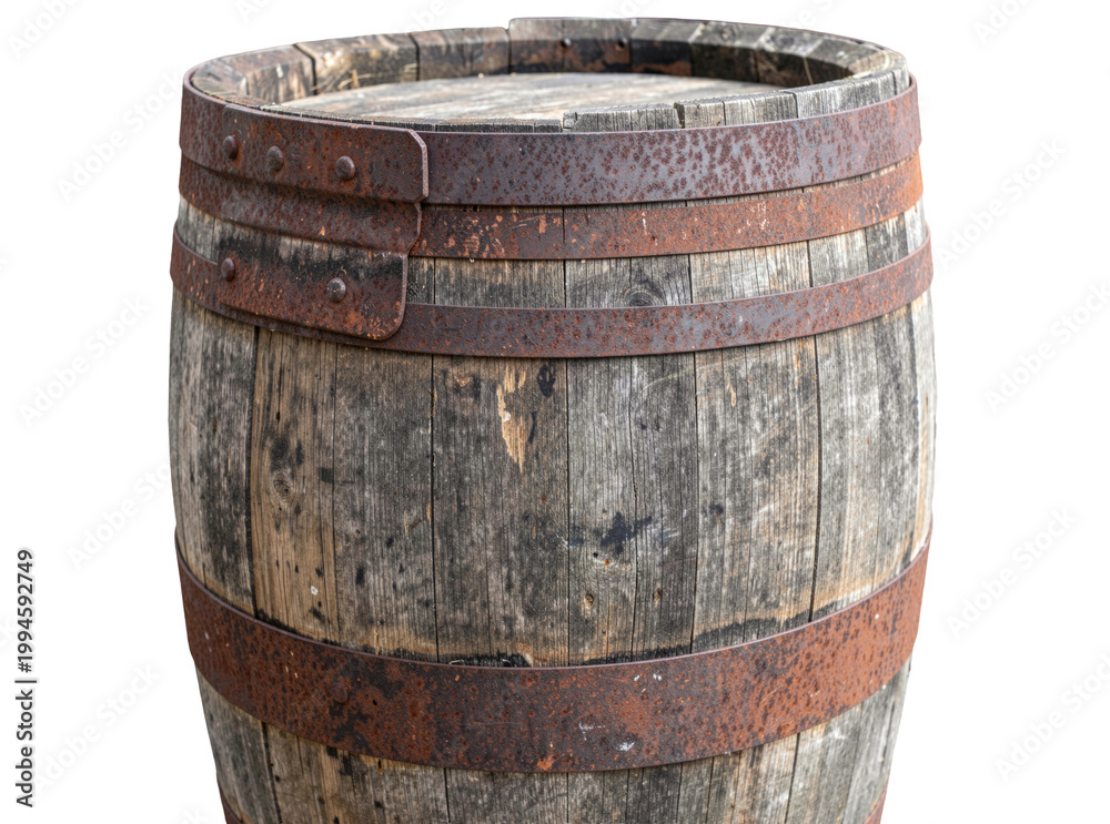 Fototapeta premium A wooden barrel placed on a brick floor, perfect for rustic or country-themed settings