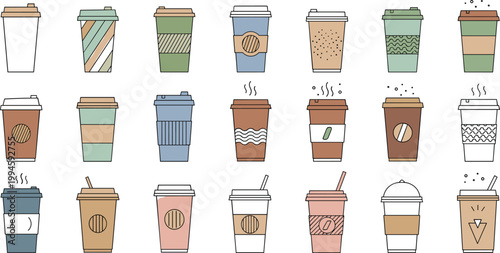 Takeaway coffee cup illustration set featuring various disposable cups with lids hot beverages and cafe drink designs in modern flat style