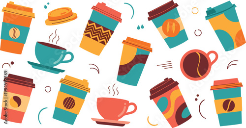 Colorful coffee cup illustration set featuring takeaway mugs espresso cups and hot beverages in abstract modern flat design style