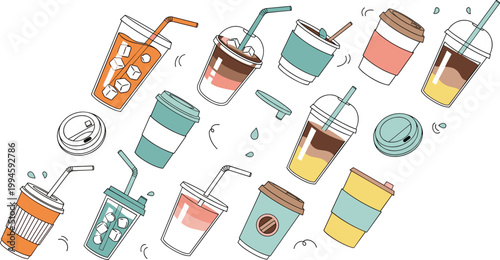 Hand drawn beverage illustration set featuring coffee cups smoothies iced drinks and takeaway cups with straws in colorful modern style