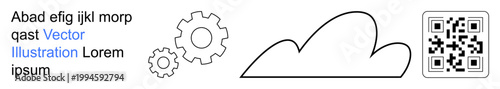 Cloud computing, technology integration, QR codes, data transfer, smart devices, digital connectivity. Features a cloud, gears and a QR code. Cloud computing and technology integration concept