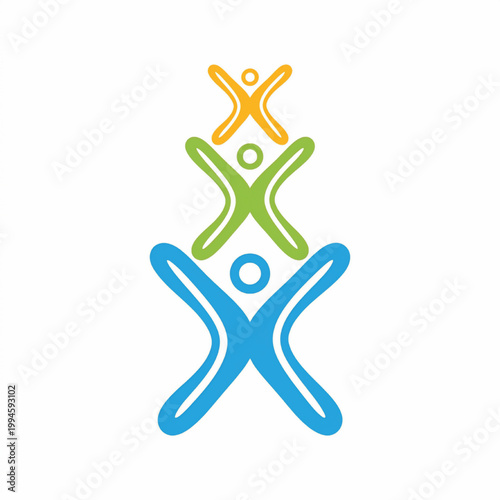 Hands holding abstract puzzle pieces logo with blue green and yellow elements on white background featuring teamwork, cooperation, community with