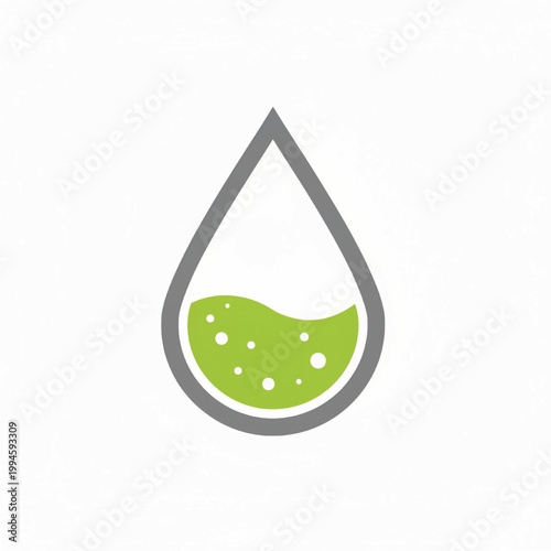 Water drop icon with green lemon slice and small white dots inside minimalist eco graphic featuring droplet, citrus, lime with refreshment and