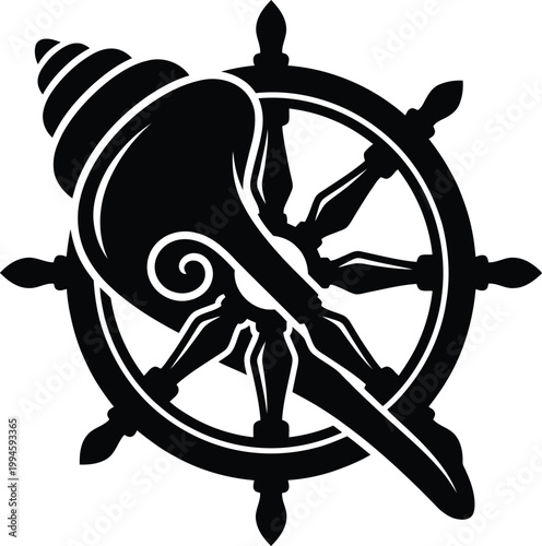 Black silhouette of a ship's steering wheel with a large conch shell superimposed on a white background