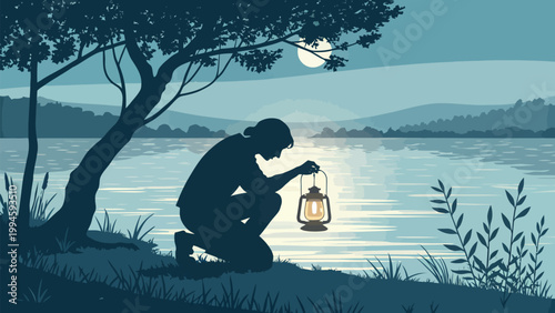 Silhouette of a person kneeling by a lake at night holding a glowing lantern under a tree