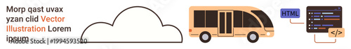 Cloud computing, transport services, web development, digital tools, coding applications, and technology. Minimalist cloud, minibus and programming code interface illustration. Cloud computing