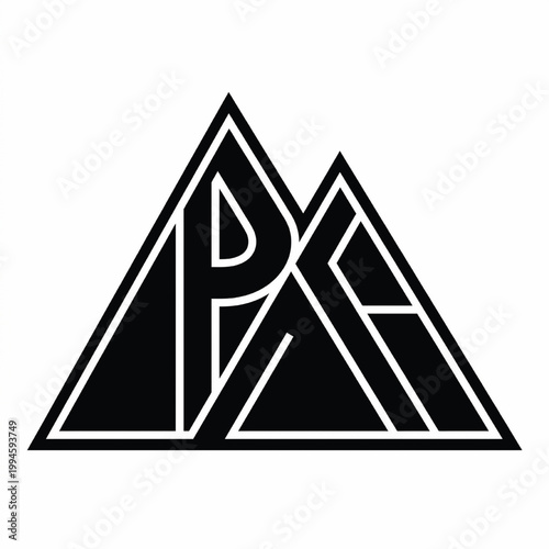 Triangle logo monogram with handwritten style lines, geometric overlay pattern, and bold black and white design