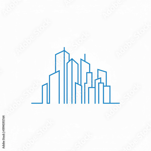 City skyline line art icon with blue skyscraper outlines and minimalist geometric building shapes on white background