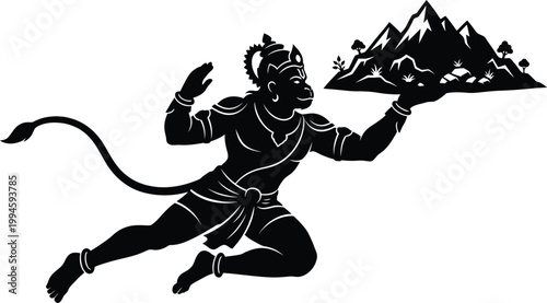Hanuman flying with a mountain of herbs in his outstretched hand Keywords: Hanuman, Hindu god, monkey