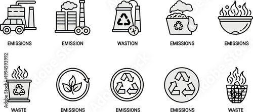 Black line icons of pollution symbols.