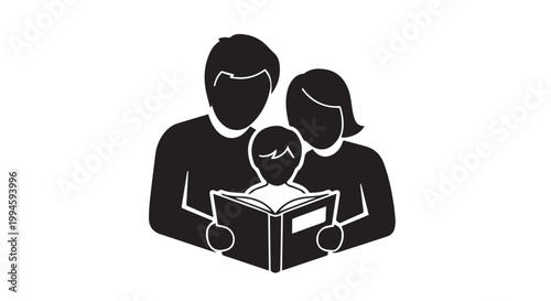 Family reading together silhouette for happy childhood education and bonding concept