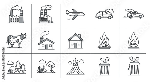 Industrial pollution icons set.