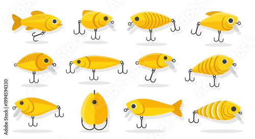 Collection of Yellow Fishing Lures, Various Shapes and Sizes, Angling Gear