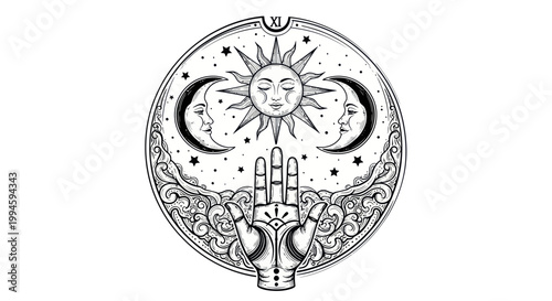 Esoteric Symbol: Sun, Moon, Stars, and Palmistry Hand Illustration