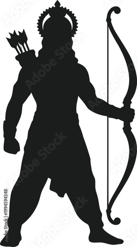 Silhouette of Lord Rama holding a bow and arrow, with a quiver of arrows on his back, ready to shoot