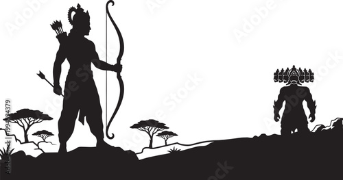 Silhouette of Lord Rama with bow and arrows confronting Ravana with multiple heads in a rocky landscape