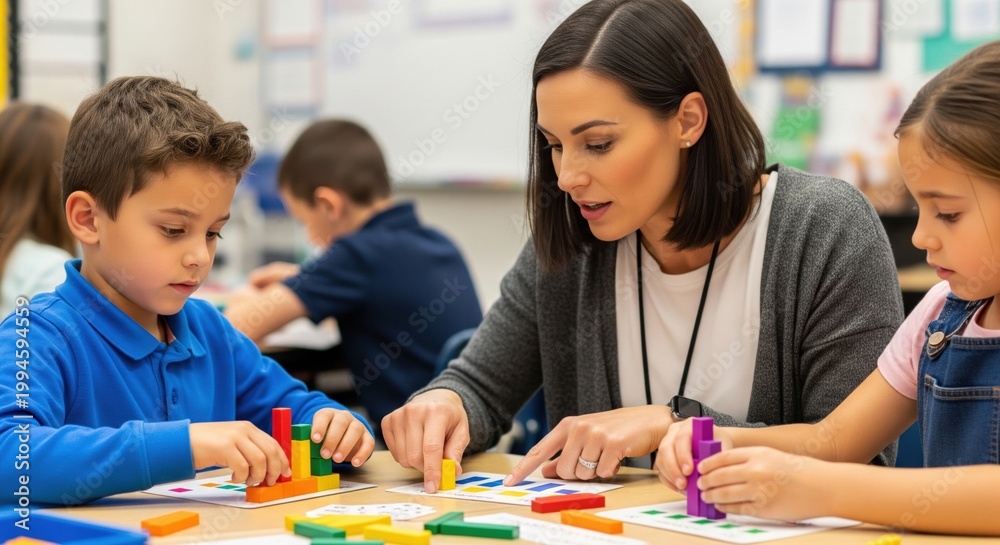 Fototapeta premium Physical learning materials used with teacher guidance illustrate concrete teaching, student participation and practical classroom engagement in real time.