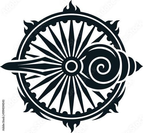 Stylized circular emblem with radiating spokes, a conch shell, and flame-like motifs wheel