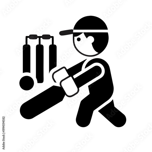 Cricket batsman stands ready to defend the stumps with a bat in this bold black and white icon style.