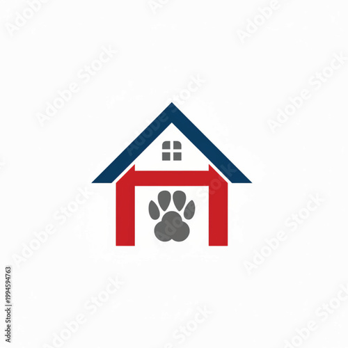 Home pet care icon with house roof and paw print symbol for animal shelter and veterinary services branding