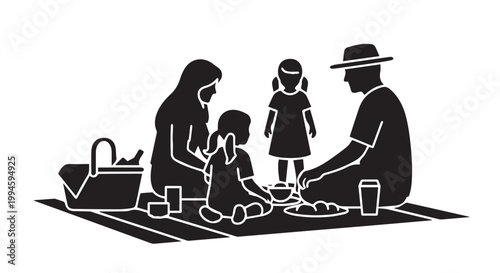 Happy family picnic silhouette with parents and children eating on a mat