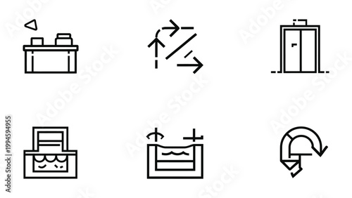 Illustration Icons: Collection of line art icons including a desk, a directional sign, an elevator, a cash register, a pool, and a circular arrow, offering versatile visual elements.