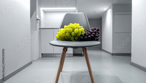 Large bunches of both green and purple grapes sit directly on the seat of a grey chair in a clean, industrial hallway. Ai
