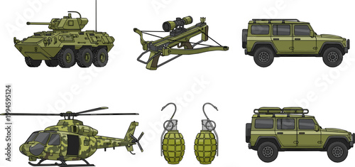 Military Equipment Set Illustration Featuring Armored Vehicle, Tactical Drone, Helicopter, Grenades, and Army Transport SUV in Detailed Camouflage Vector Design for Defense Concepts