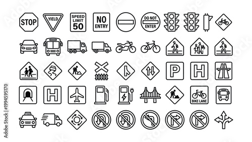 Compilation of traffic and road signs vehicle symbols transport icons with one way no parking transport delivery motorcycle crossing railroad hospital construction information prohibited