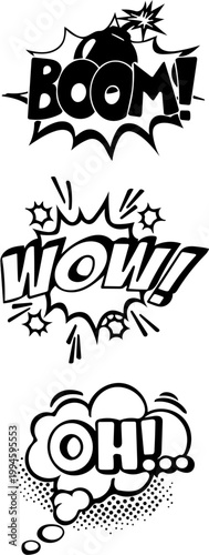 Set of comic book sound effect words like BOOM, WOW, and OH in a speech bubble style with halftone dots