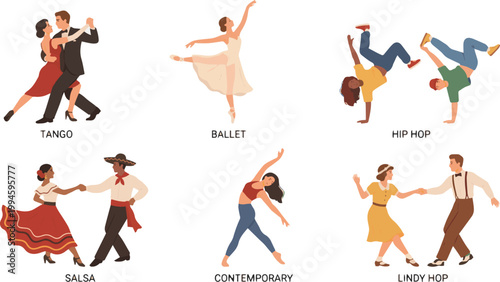 Isolated a realistic kinds of deferent Set of dancing people - Dance Styles Collection with Couples and Solo Dancers vector art with white background..