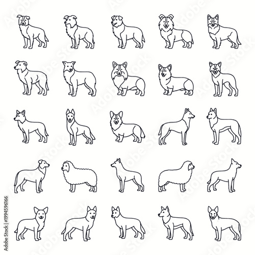 Collection of various dog breeds in a simple line art style, showcasing different poses and silhouettes.